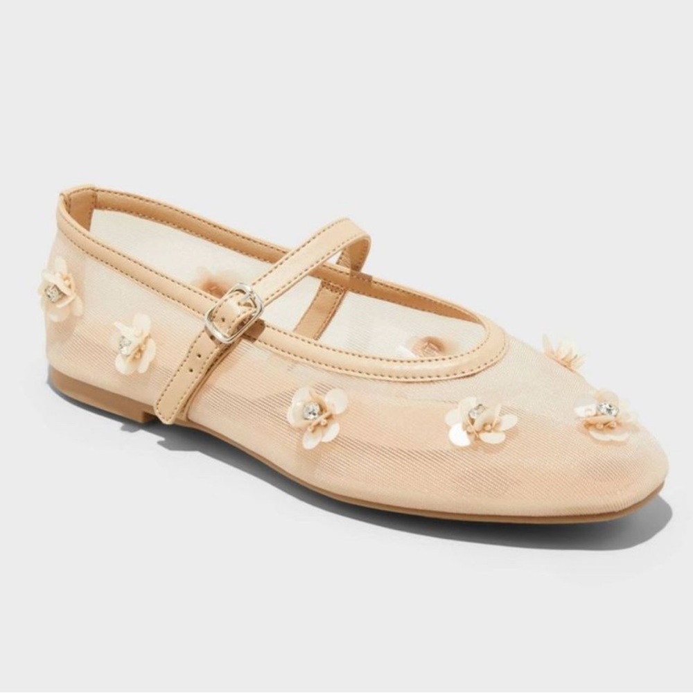 Mesh 3D flower appliqué embellished beaded ballet flats cream nude color - Picture 4 of 6